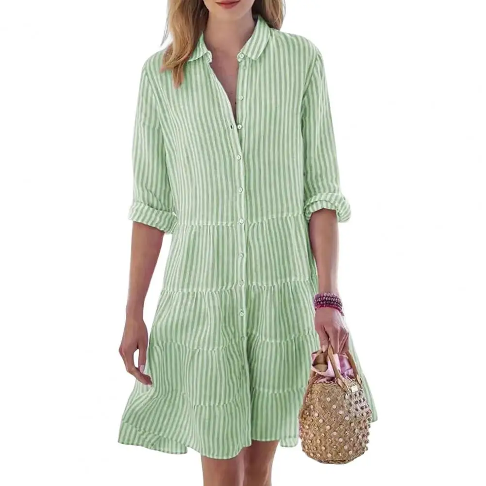

2023 Women Cardigan Dress Stitching Hem Elegant Lapel Striped Print Work Shirt