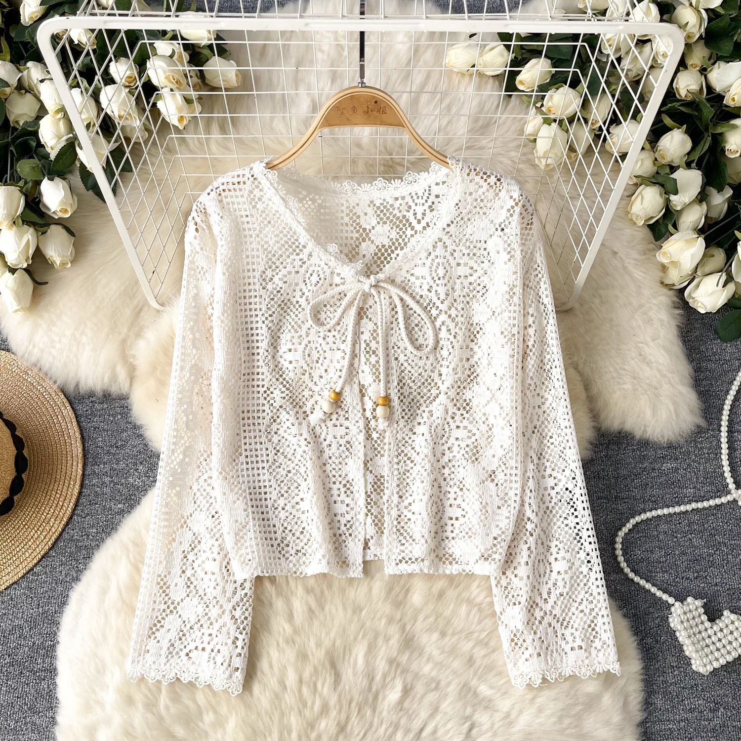 GORGLITTER Women's Floral Embroidered Sweaters - Lightweight Crochet Knit Long Sleeve Tops