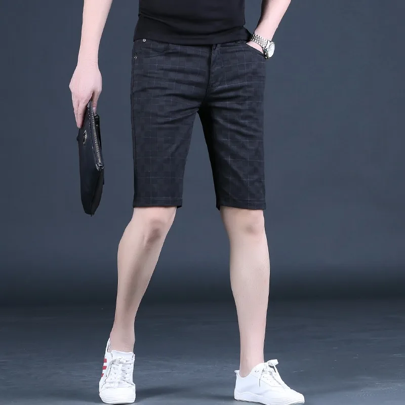 Black Plaid Shorts Men Summer Fashion Casual Cotton Regular Straight Short Pants