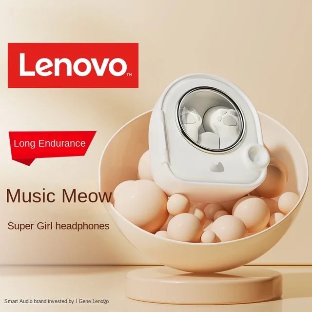 Lenovo Click Tone Bluetooth Headphones: Hit Sound Girl Cute Music Meow MusicCat Ultra Long Battery Life Dual HD Noise Reduction 2023 New