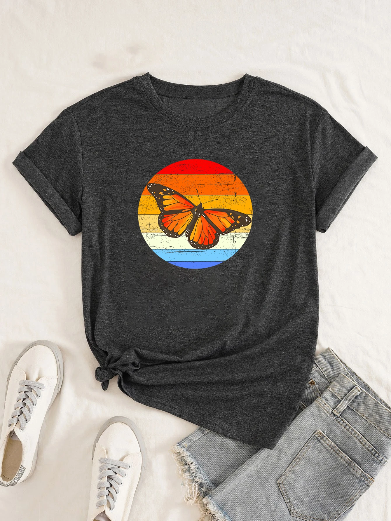 

Butterfly colour printing T-shirt Cotton Rock trash vintage Summer fashion unisex Casual Short Sleeve Tee