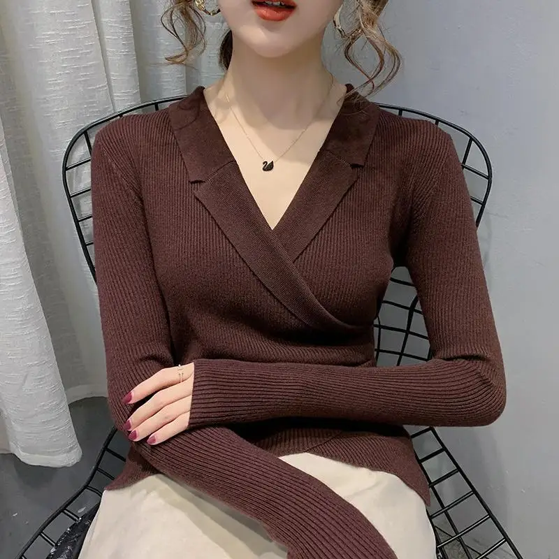 

Autumn and Winter Women's Pullover V-neck Long Sleeve Solid Patchwork Fit Bottom Sweater Office Lady Fashion Casual Knit Tops