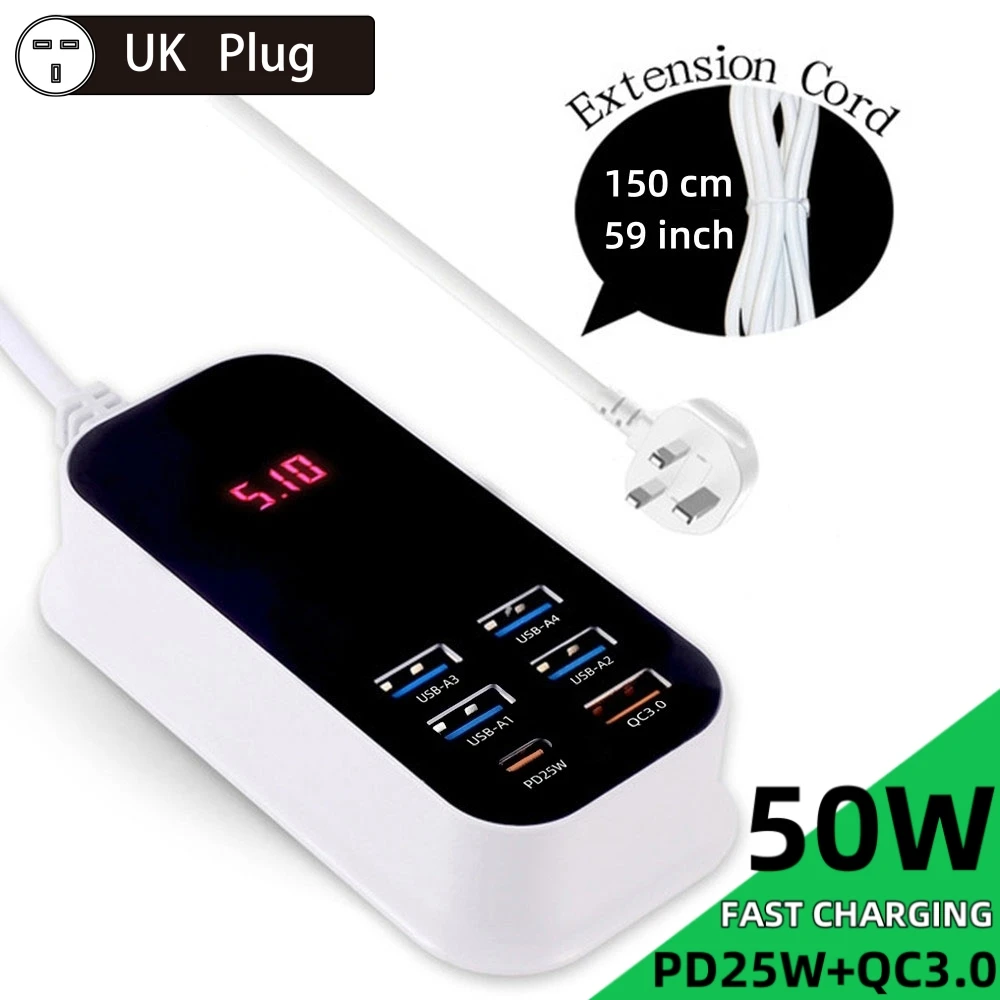 ตัวเลือกสินค้า อะแดปเตอร์ชาร์จเร็ว 6 พอร์ต USB-C PD 50W พร้อมไฟ LED