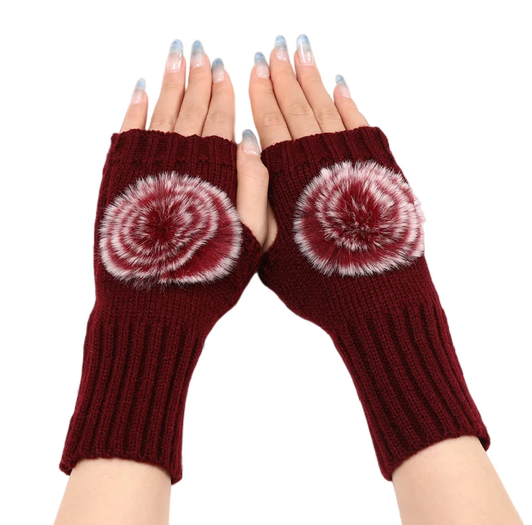 

Women Short Fashion Wool Ball Half-finger Glove Unisex Fingerless Warm Knitting Mittens