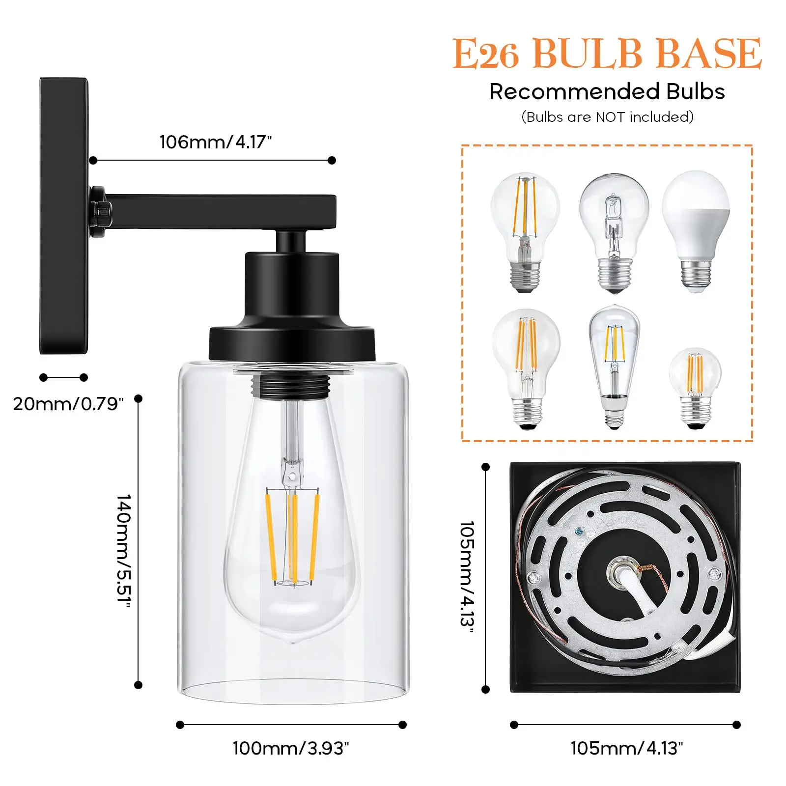Bathroom Vanity Light Wall Sconces Set of Two Light Fixtures, Metal Wall Lighting with Clear Glass Shade for Living Room Mirror