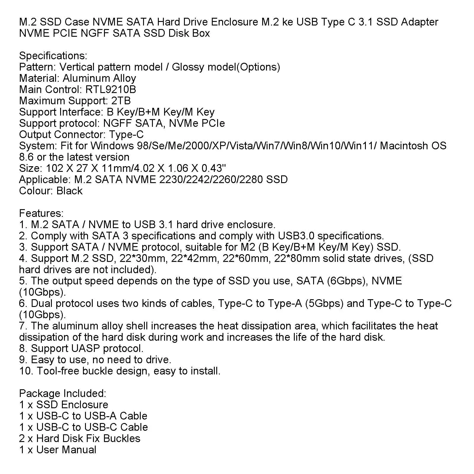 Artudatech M.2 NVME SSD Adapter USB 3.1 Case Hard Drive Enclosure Dual Protocol M2 NVMe Box