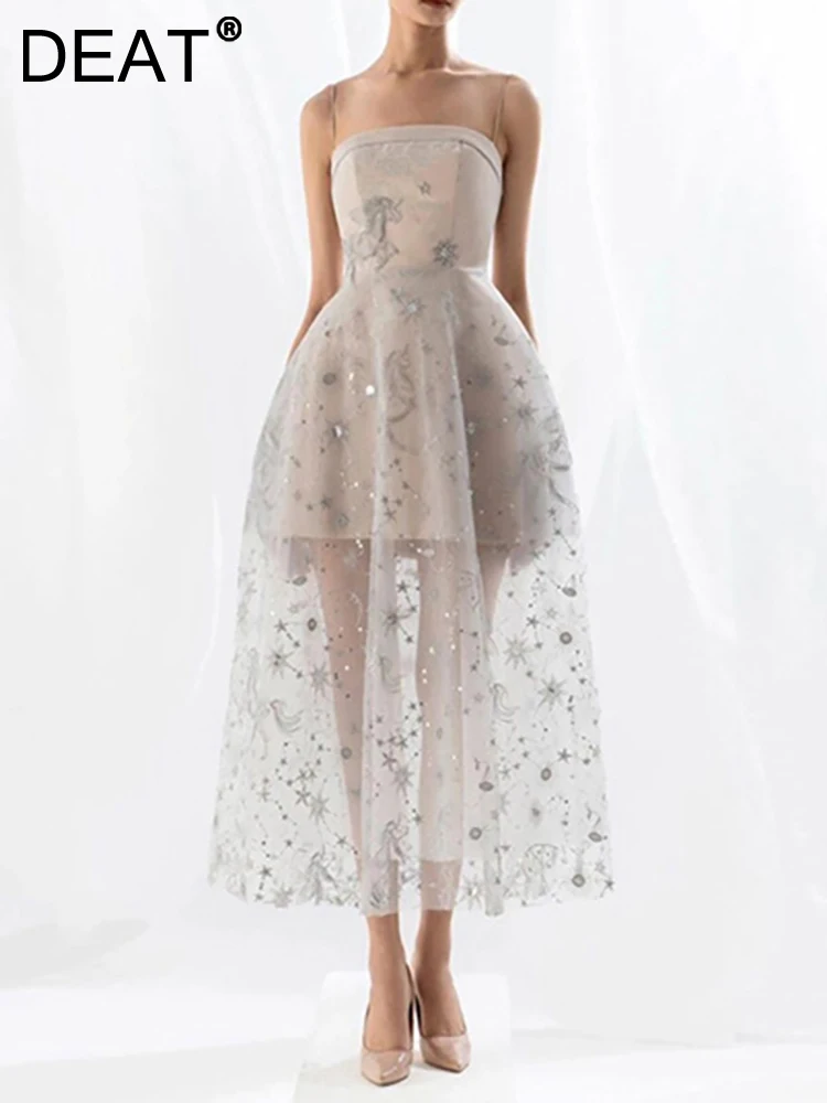 

DEAT Women's Dress Camisole Sleeveless Embroidery Patchwork Backless Gauze Fashion Female Dresses Summer 2023 New 13DB2376