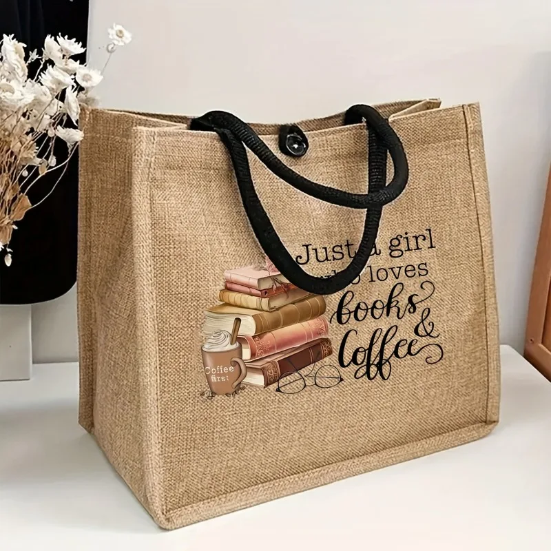 Chic Khaki Linen Beach Tote Bag with Coffee Books Print Lightweight Fashionable Handbag Shopping Bag for Women Daily Use Travel