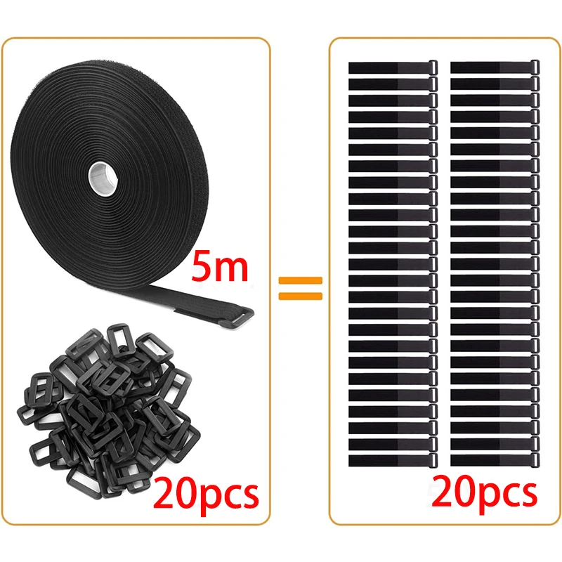 Adjustable Black Reusable Cable Straps with Buckles - Hook and Loop Cord Organizer