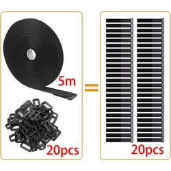 Adjustable Black Reusable Cable Straps with Buckles - Hook and Loop Cord Organizer - 20mm (5M Straps 20Buckles)