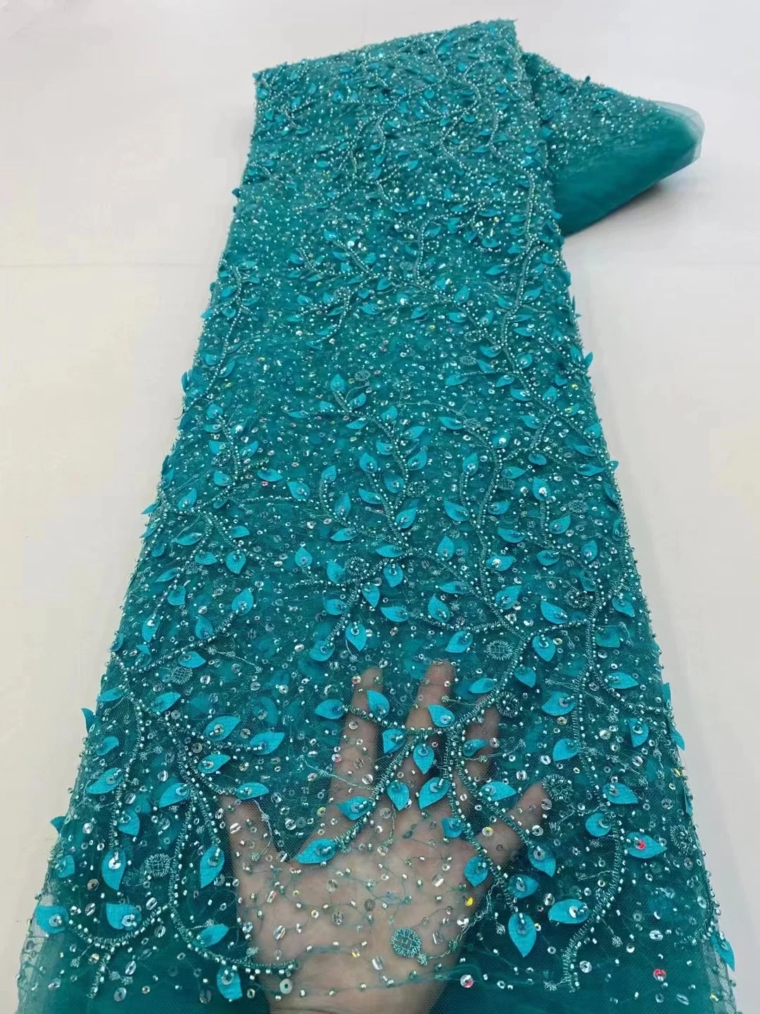 

2023 BlueHigh Quality African Nigerian 3D Flower Fabric For Wedding With Beads Groom Sequins Embroidery French Lace Fabrics Sew