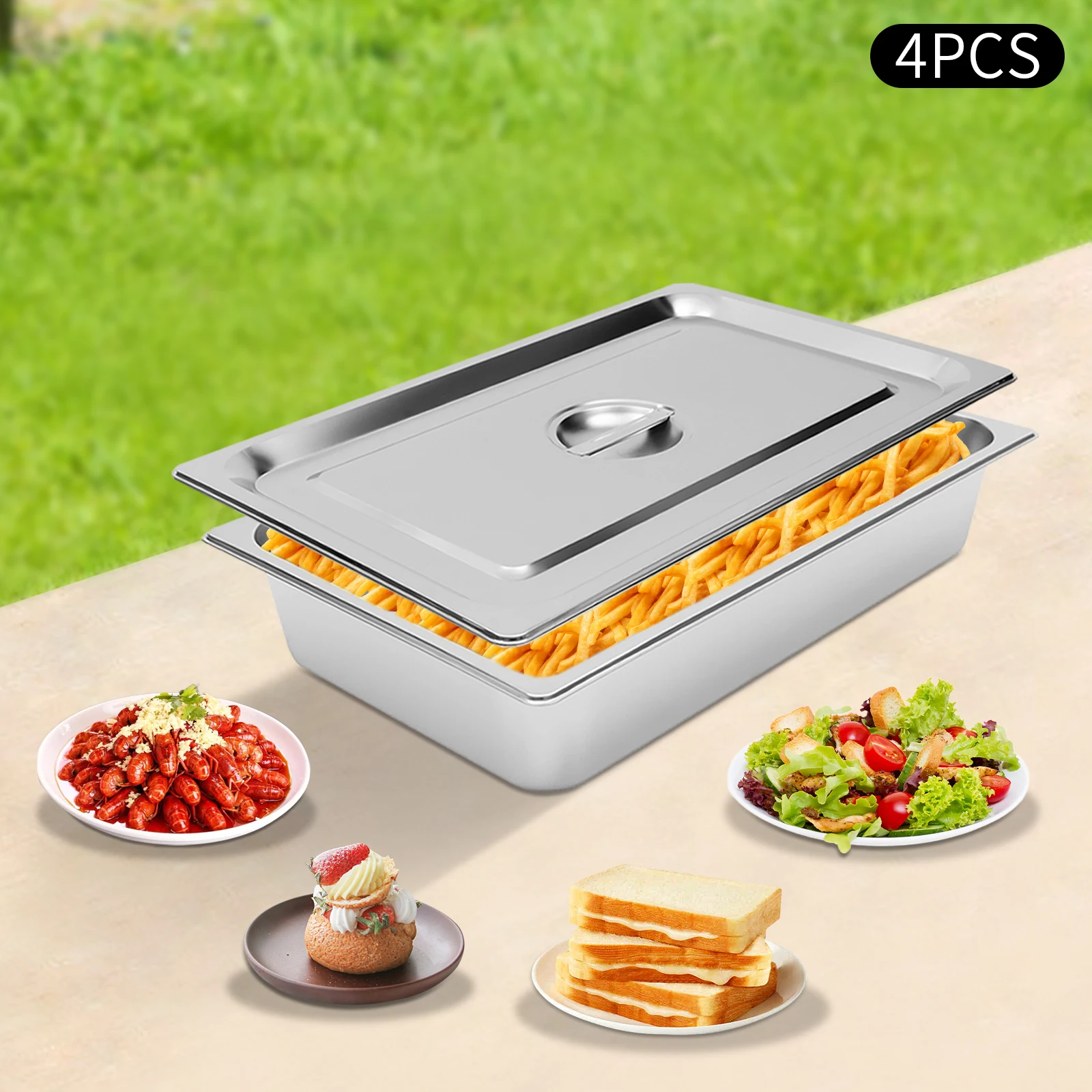 4 Pack Steam Teable Pans 9L Stainless Steel Steam Table Pan 0.7 mm Thick Pan Food Container Warming Pans