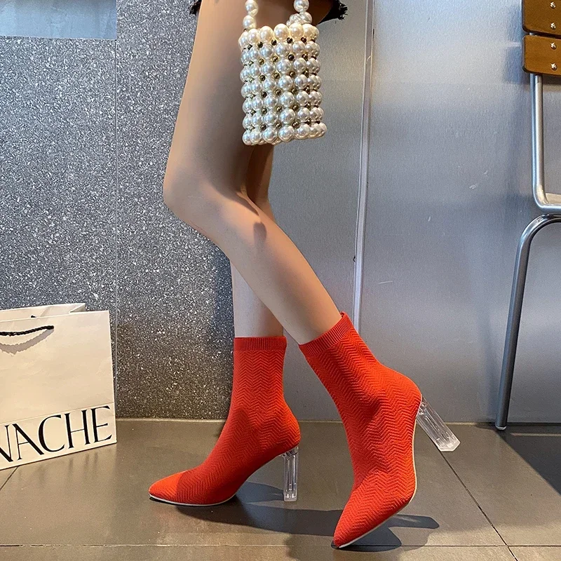 Sexy Pointed Toe Lady High Heel 2023 New Transparent Chunky Heel Women's Elastic Boots Plus Size 43 Elegant Wedding Bridal Shoes