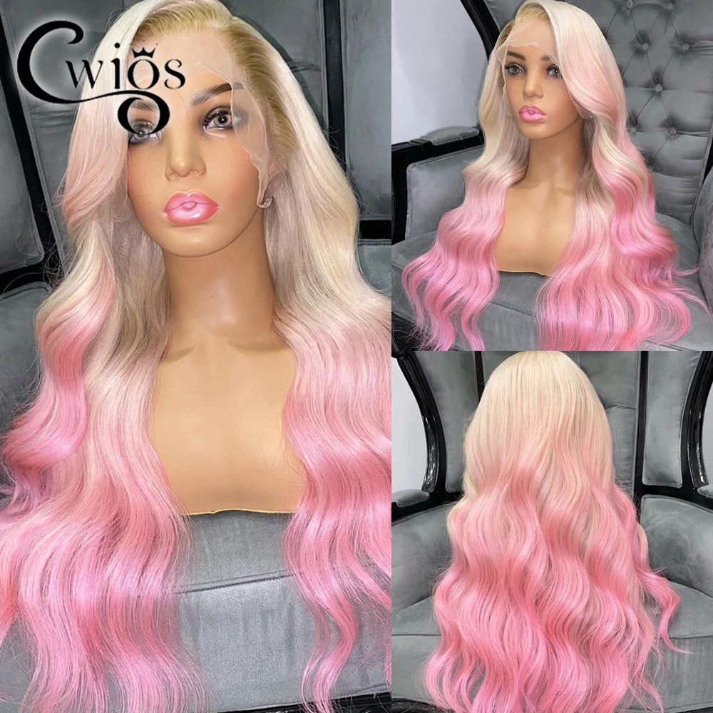 

Ombre Pink Color Transparent 13X4 Lace Front 30Inch Wig Drag Queen Body Wave Highlight Cosplay Synthetic Women's Wigs