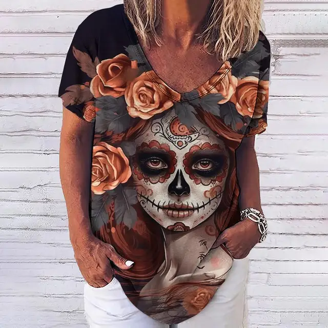 Summer 2023 New 3D Horror Skull Print Womens V-neck Top Short Sleeve T-shirt