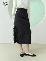 FSLE New Chinese Style Black Jacquard Skirt for Women Spring Autumn Niche Design High Waist Straight Slit Female Special Skirt