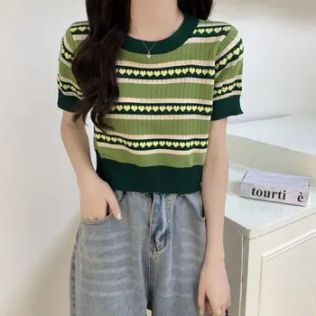 26/5000  Large size Avocado Green Knit T-shirt Short sleeve blouse ice yarn slim loose thin short Tshirt
