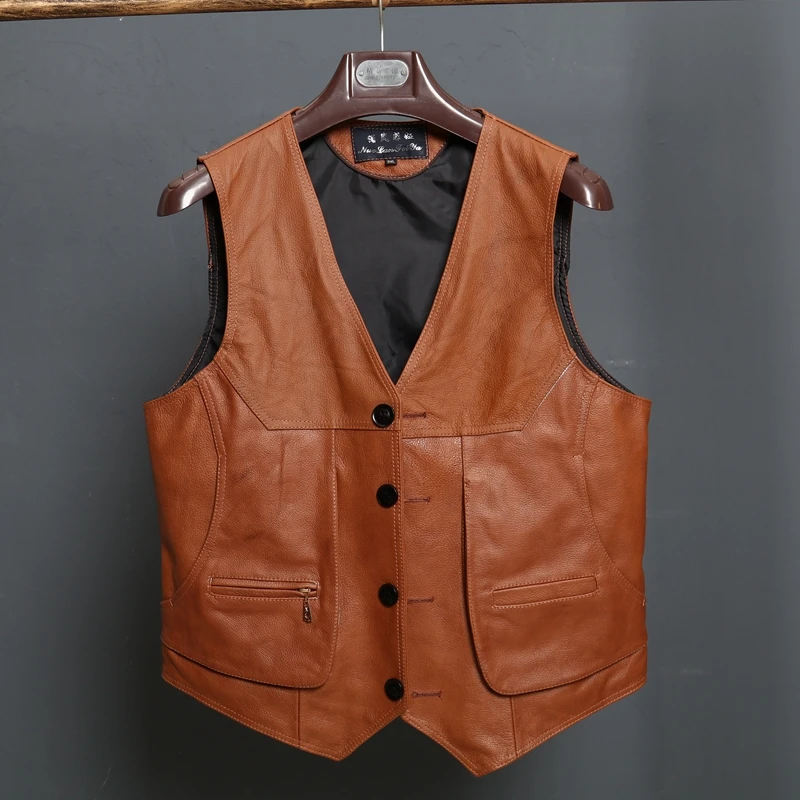 BONJEAN New Arrival Leather Motorcycle Vest Mens Slim Fit Real Brown Cow Genuine Leather Waistcoat Bikers Vest Size L-8XL