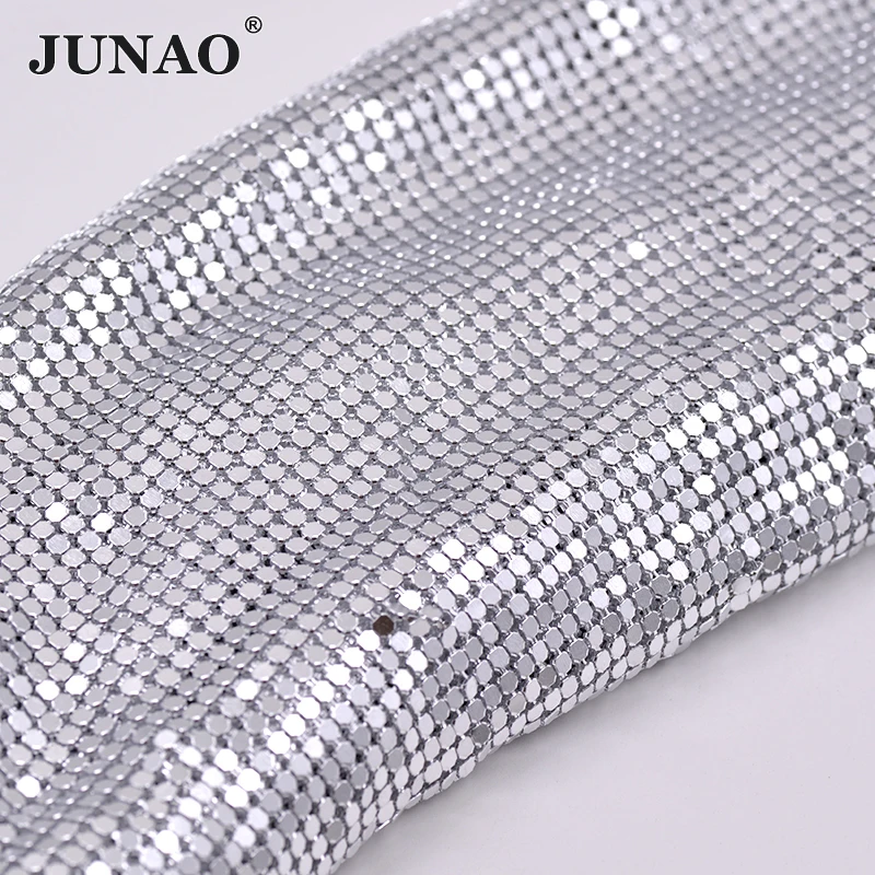 JUNAO 45*120cm Glitter Clear Silver Rhinestone Mesh Fabric Crystal Ribbon  Glass Strass Applique Sewing Metal Trimming for Dress