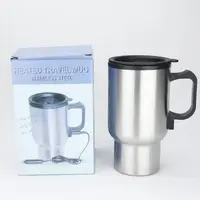 12V Car Heated Mug 450ml Stainless Steel Travel Electric Cup Thermos Cup for Heating Water, Coffee, Milk with Lid, Auto Charger 4