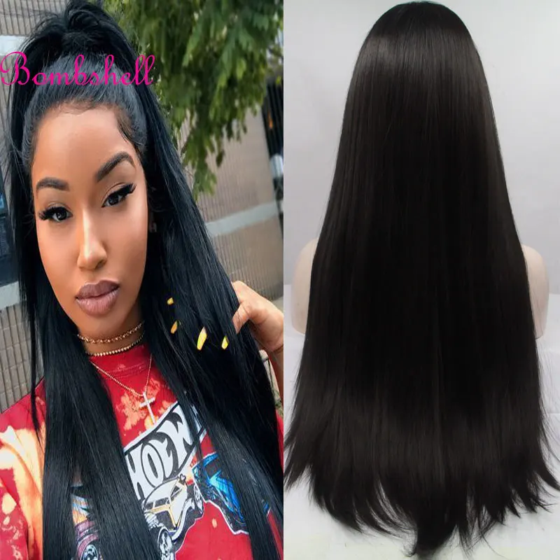 

Черный прямой синтетический парик 13x 4 на сетке спереди от bomshell, бесклеевые высококачественные волосы из термостойкого волокна для женщин, для ношения париков