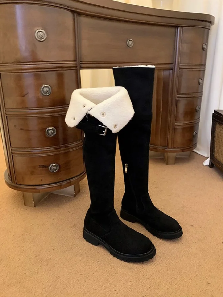 

Over the Knee Boots for Women, Thick Cashmere, Lambhair High Boots, Genuine Leather, Thick Heels, Flipped Edge, Long Boots