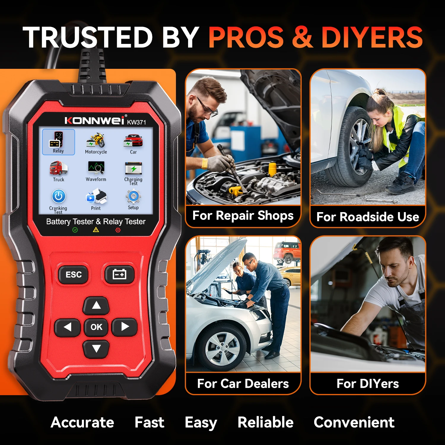 KONNWEI Car Battery Relay Tester KW371, 2 in 1 6V 12V 24V Battery Tester with 4 Pin 5 Pin Relay Testing Fault Data Print Start Test and Charging Scan Tool 2026 - Image 5