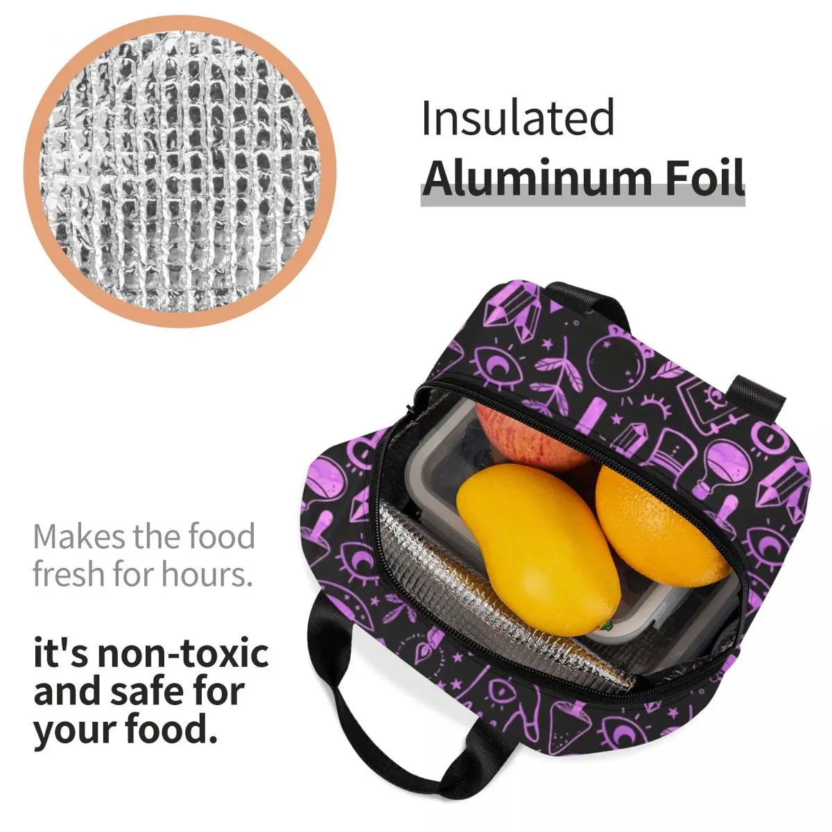 Custom Witchy Things Textured Purple Lunch Bag Women Warm Cooler Insulated Lunch Boxes for Kids School