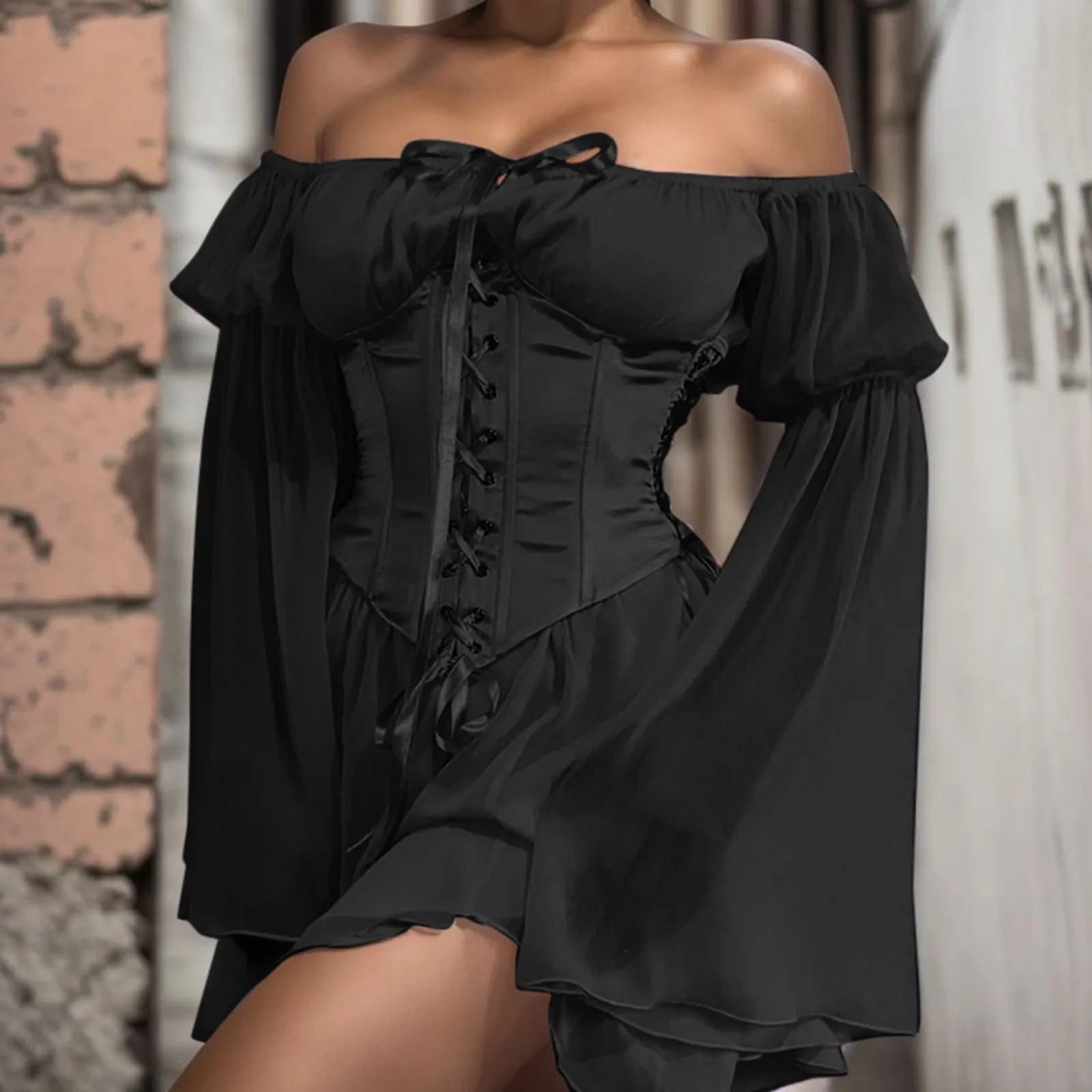 

Fairy Pink Black Chiffon Mini Dress Chic Women Bandage Corset Vintage Long Puff Sleeve Sundress Slash Neck Bridesmaid Bodycon