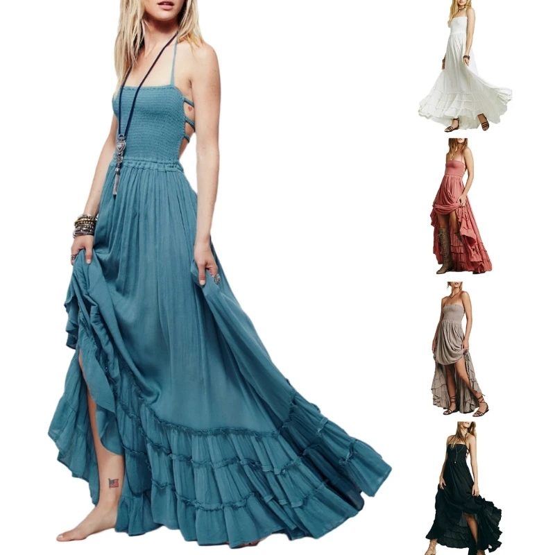 Solid Color Ruffled Straps Smocked Ruched Maxi Dress