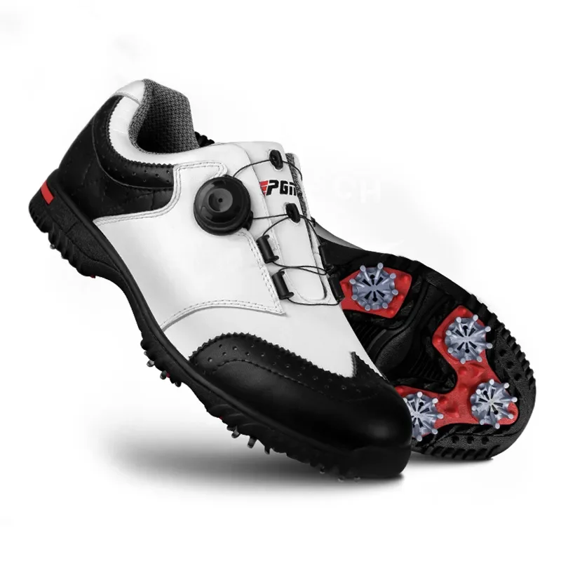 PGM Golf Shoes Mens Comfortable Knob Buckle Golf Men'S Shoes Waterproof Genuine Leather Sneakers Spikes Nail Non-Slip XZ039