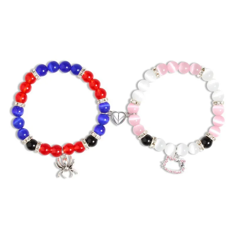 2Pcs/Set Gothic Spider Animal Beaded Bracelet Creative Heart Magnetic Matching Couple Bracelets for Women Men Halloween Jewelry