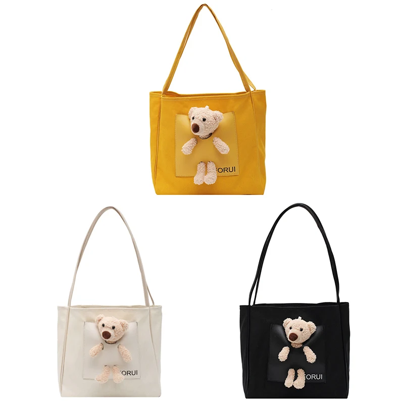 

Cute Bear Canvas Handbag Fashion Casual Student Cartoon Tote Bag Large Capacity Shoulder Shopping Bag