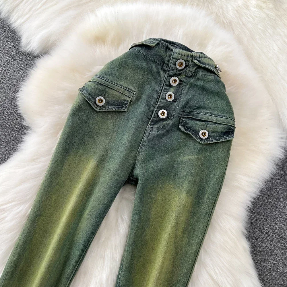 

Women Jeans with Front Single Breasted Button Up Flare Pant Slight Bootcut Bell Bottom Denim Pants y2k 2023 Tie Dye Green Cloth