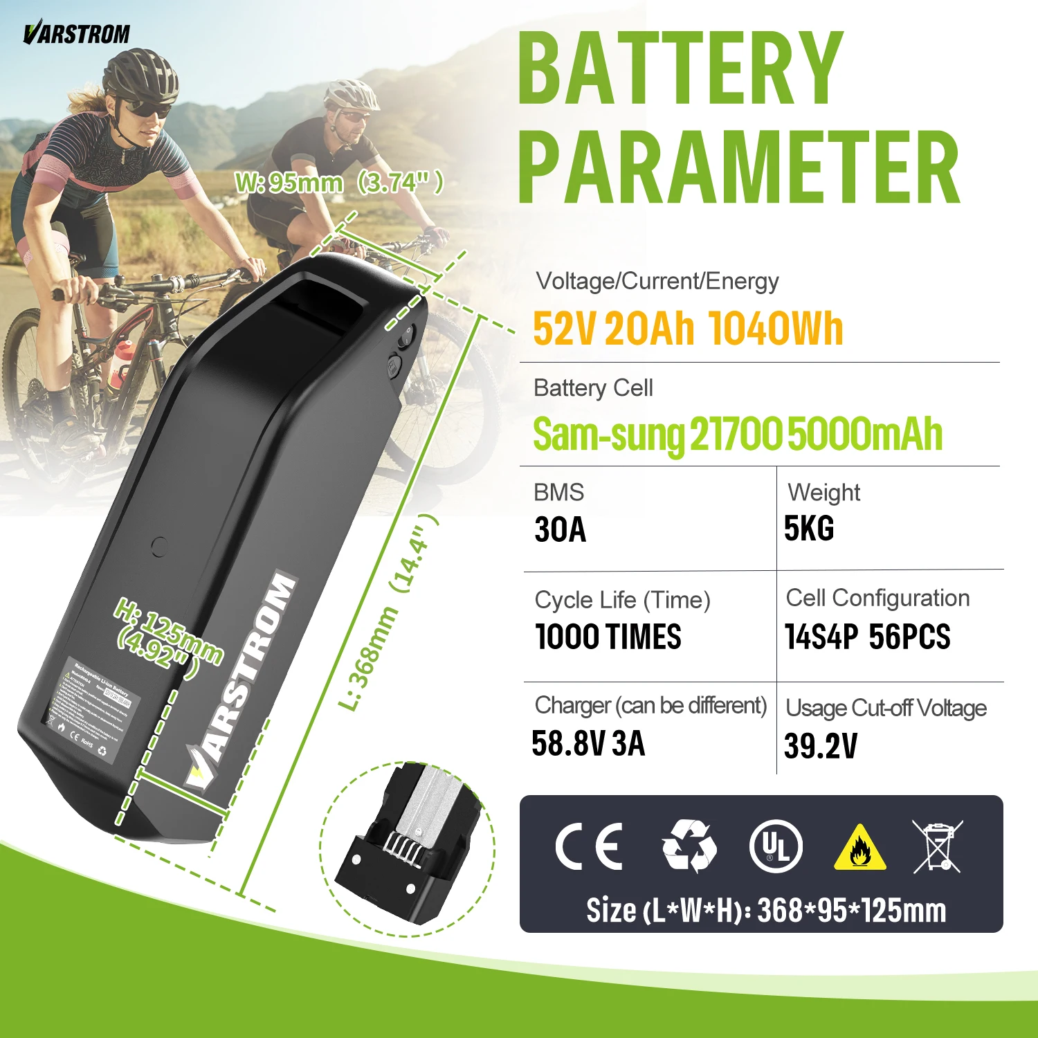 Dark Grey Varstrom Downtube Rear Rack Battery 52V 48V 36V 17.5AH 20.8AH 24Ah Cell Lithium Battery For BAFANG Tongsheng Motor Ebike Kit