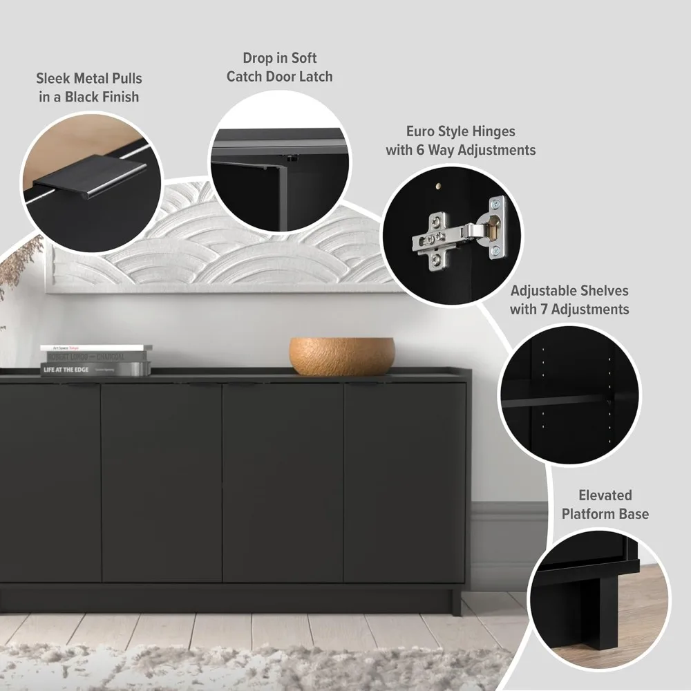 Simply Modern 4 Console Table Doors and Shelves, Sideboard Storage Cabinet, 60" W x 30" H x 16" D, Black