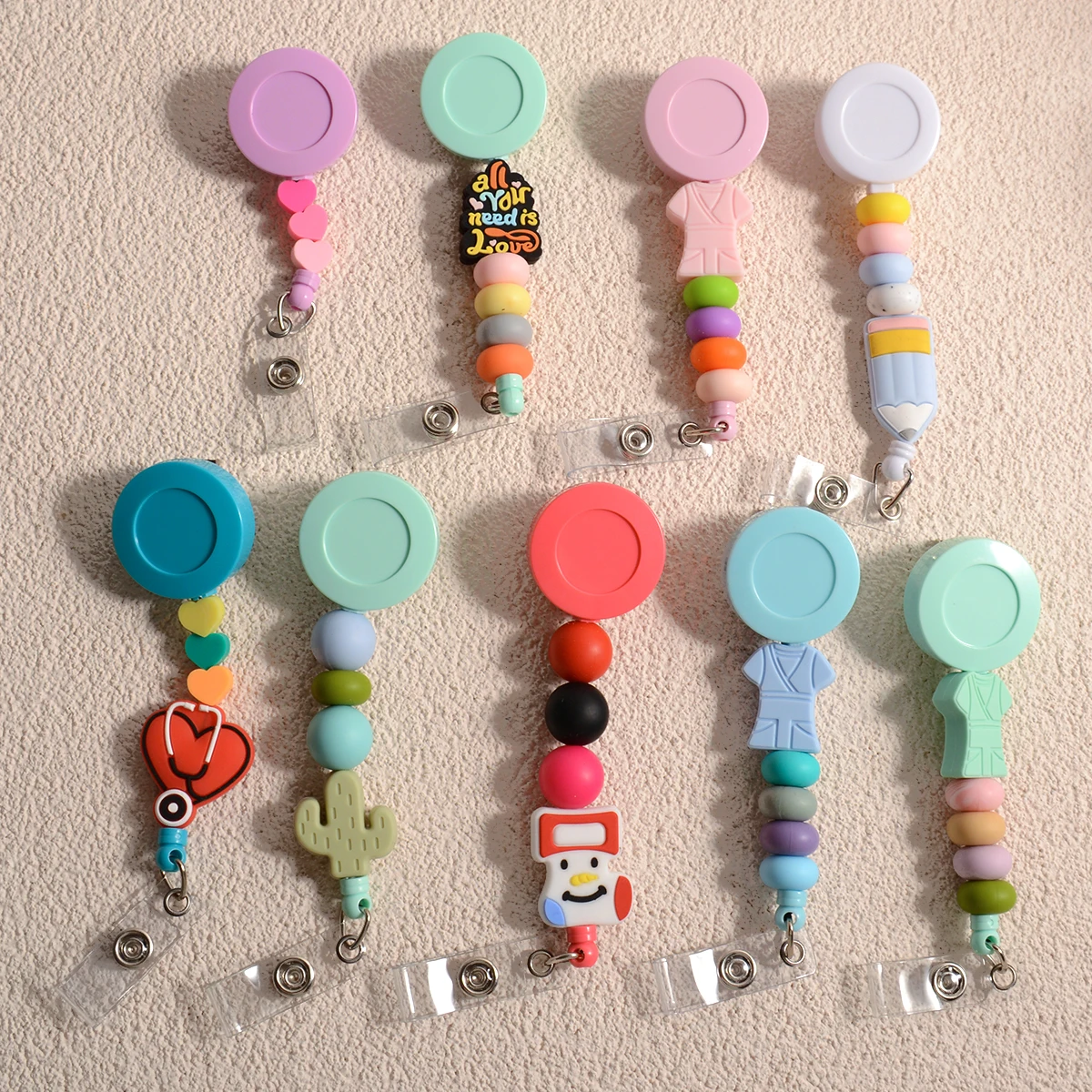 Retractable Silicone Beads Badge Reels BBS Cute Heart Nurse Id Badge Holders with Alligator CliP for Nursing Teachers Office kawaii strawberry bear badge holder nurse accessories girls stuednts cute pink tonal cartoon pass id card holder with lanyard