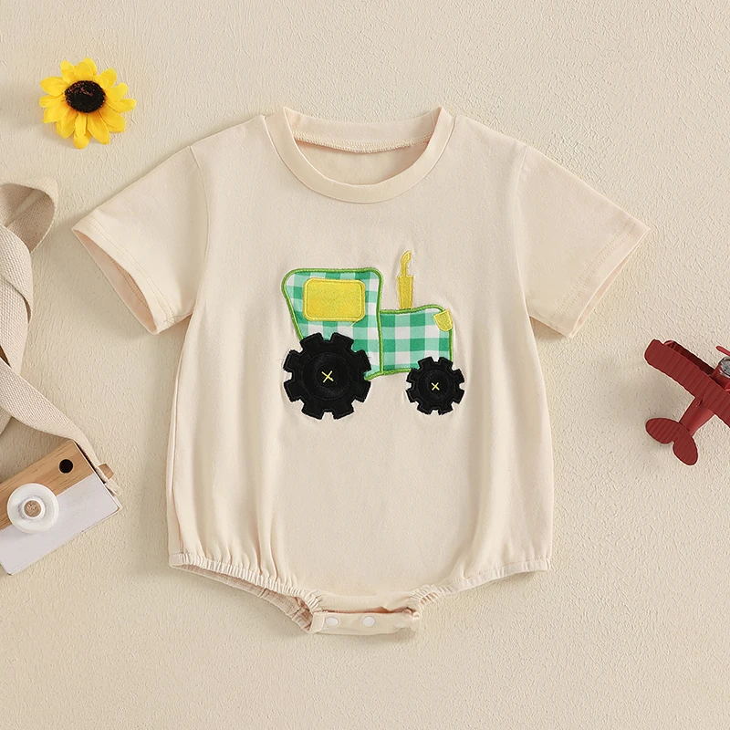 Tregren 0-18M Newborn Baby Boys Rompers Tractor Embroidery Round Neck Short Sleeve Summer Infant Clothes Bodysuits Jumpsuits