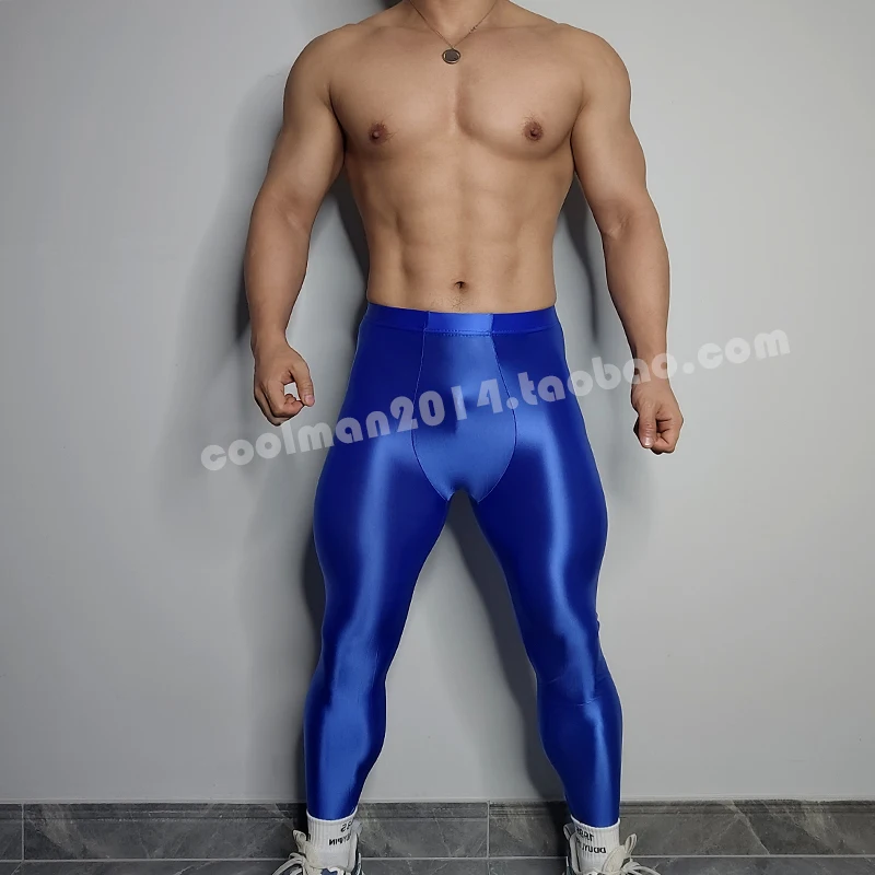 Glossy See Through Satin Men's Sexy Tight Yoga Leggings Sports Underwears Seamless Pants Trousers