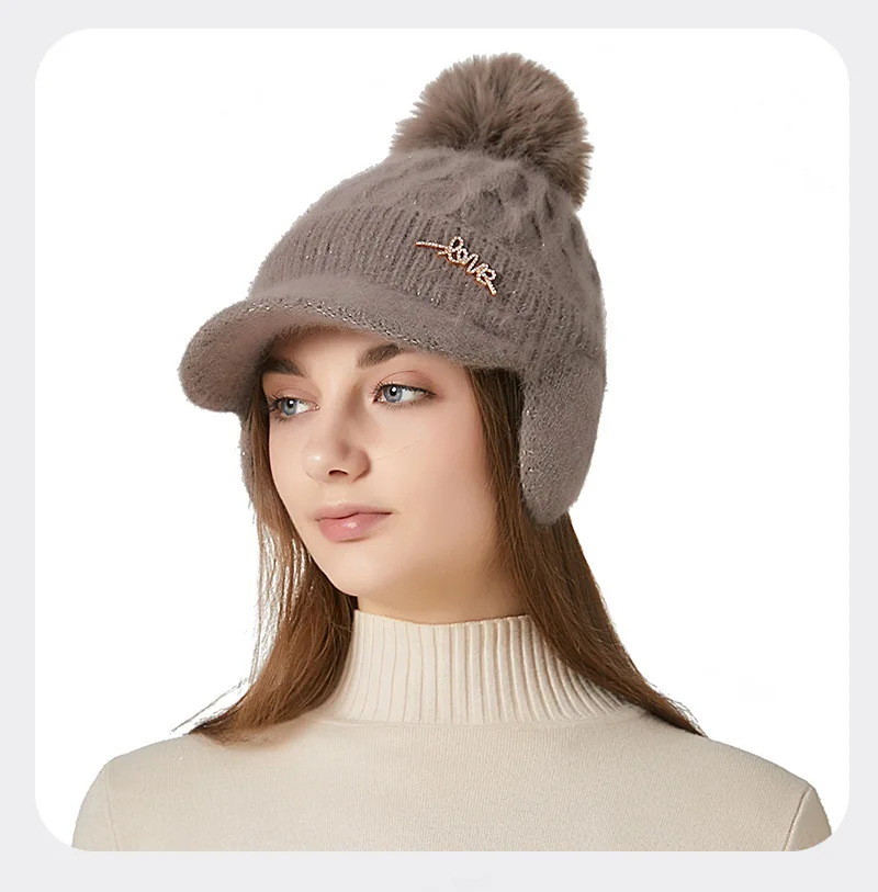 Tykke kanin høreværn Baseball kvinders vinter udendørs kuldesikret varmt hår Bolde strikket kasket Skullies Beanies_voghion.com