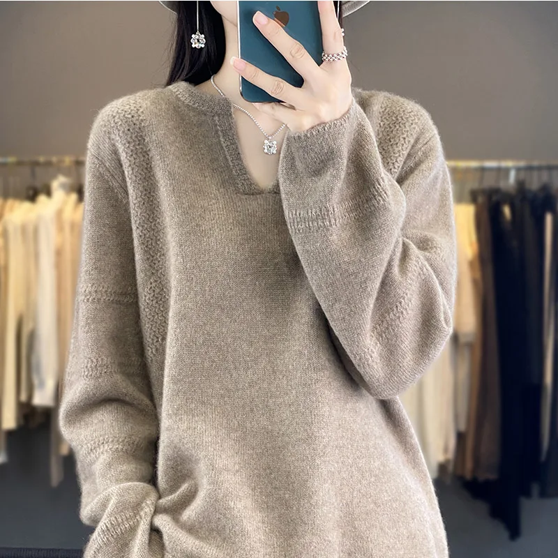

2023 Autumn Winter New Cashmere Sweater Women's O-Neck Pullover 100% Merino Wool V-Neck Knitted Jumper Fashion Korean Large Tops