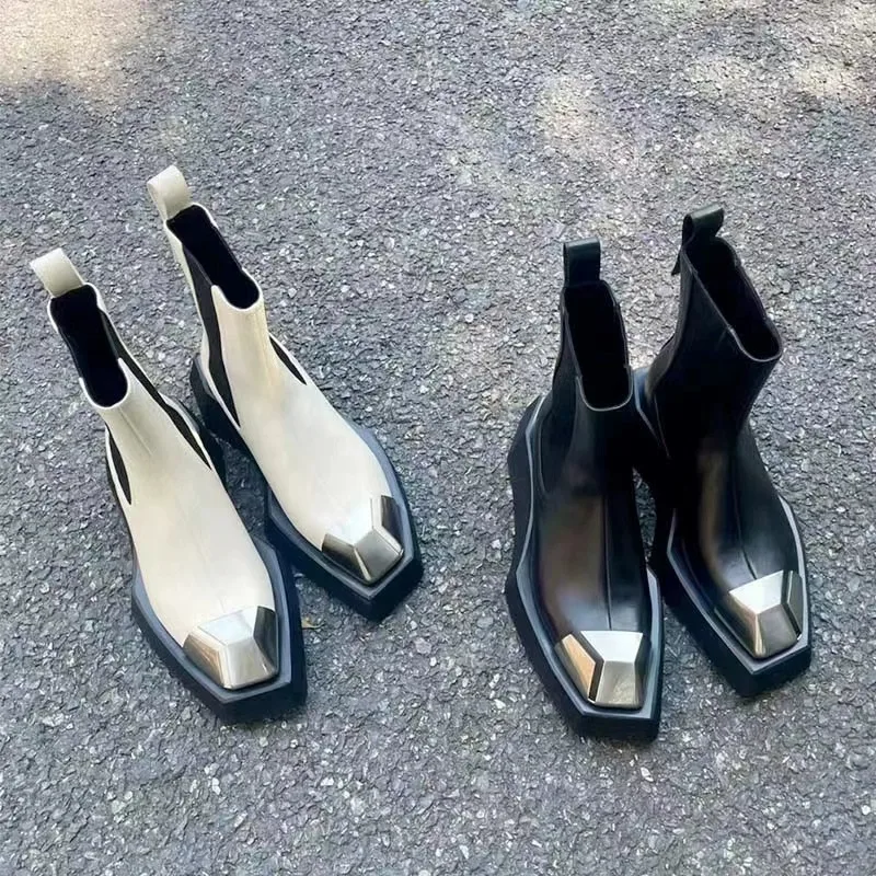

British Style Chelsea Ankle Boots Slip-On Metal Square Toe Motorcycle Botines Platform Punk Short Boats Comfortable Women Shoes