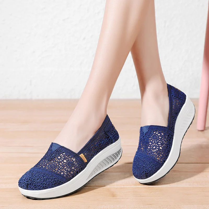Women Platform Shoes Fashion Sneakers Middle Heels Woman Elegant Sweet Air Mesh Breathable Summer Shoes Casual Light Non-slip