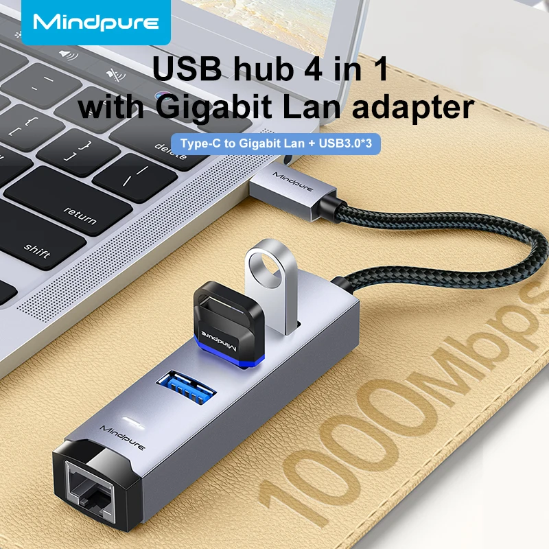 

Mindpure 4 in 1 USB 3.0 Hub RJ45 1000/100Mbps Adapter USB 4 Ports Network Card For MacBook PC Laptop Type-C Splitter Accessories