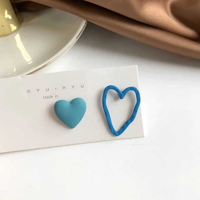 Trend Asymmetric Hollow Heart Earrings for Women 2021 Beautiful Girl Cute Party Jewelry Korean Yellow Blue Stdu Earrings Hollow Blue