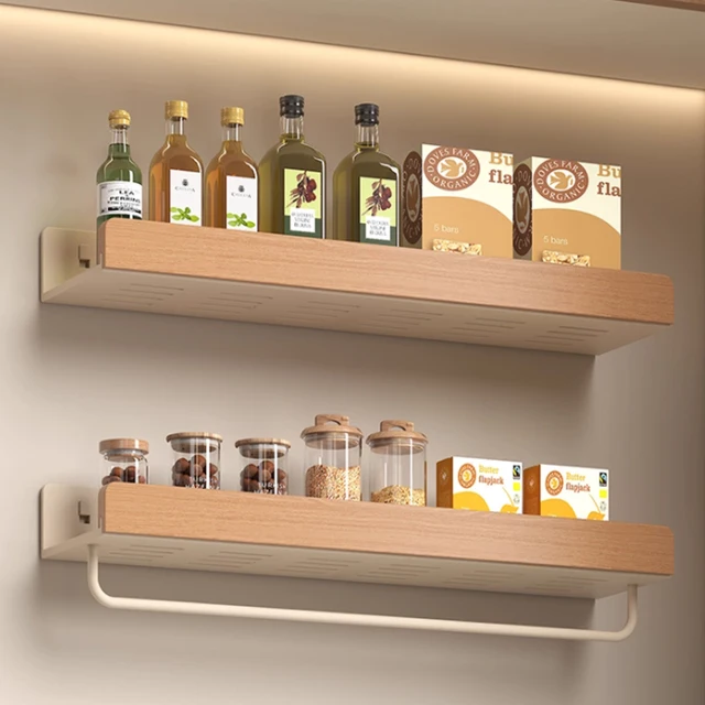 ชั้นวางของในครัว, ชั้นวางเครื่องปรุงรสไม้, ขวดและกระปุกเครื่องปรุงรสแบบติดผนัง, ชั้นวางไม้เนื้อแข็ง 1
