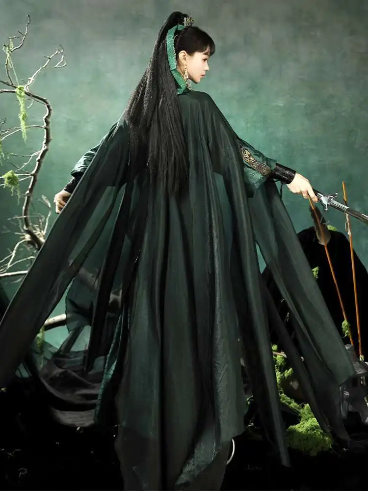 Hanfu Tang System Round Neck Robe Cloak Fairyism Guofeng Flowing Daily Cloak Wristband Cos Cosplay Cummerbund Green