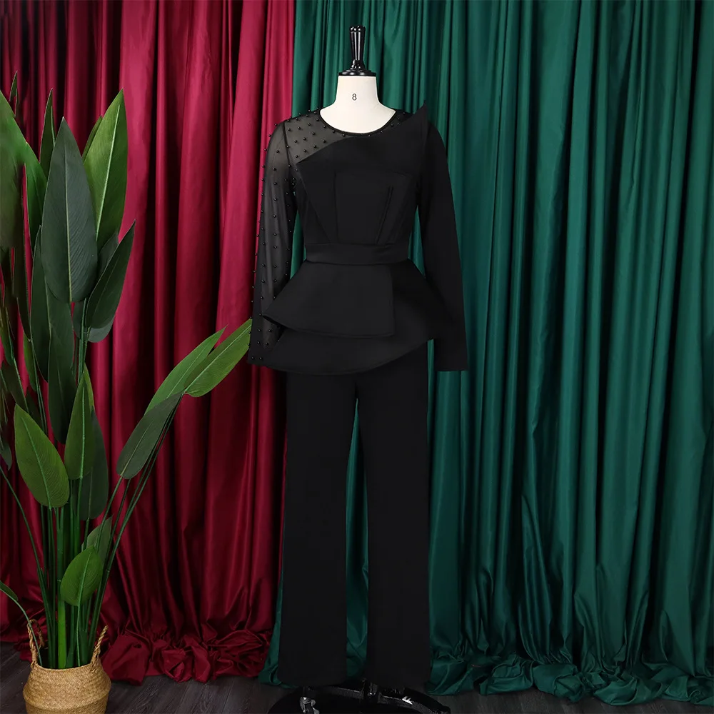 Elegant Beading Women Jumpsuit Pants Sexy Mesh Patchwork Party Rompers Casual Overalls Straight Pant Outfits for Women