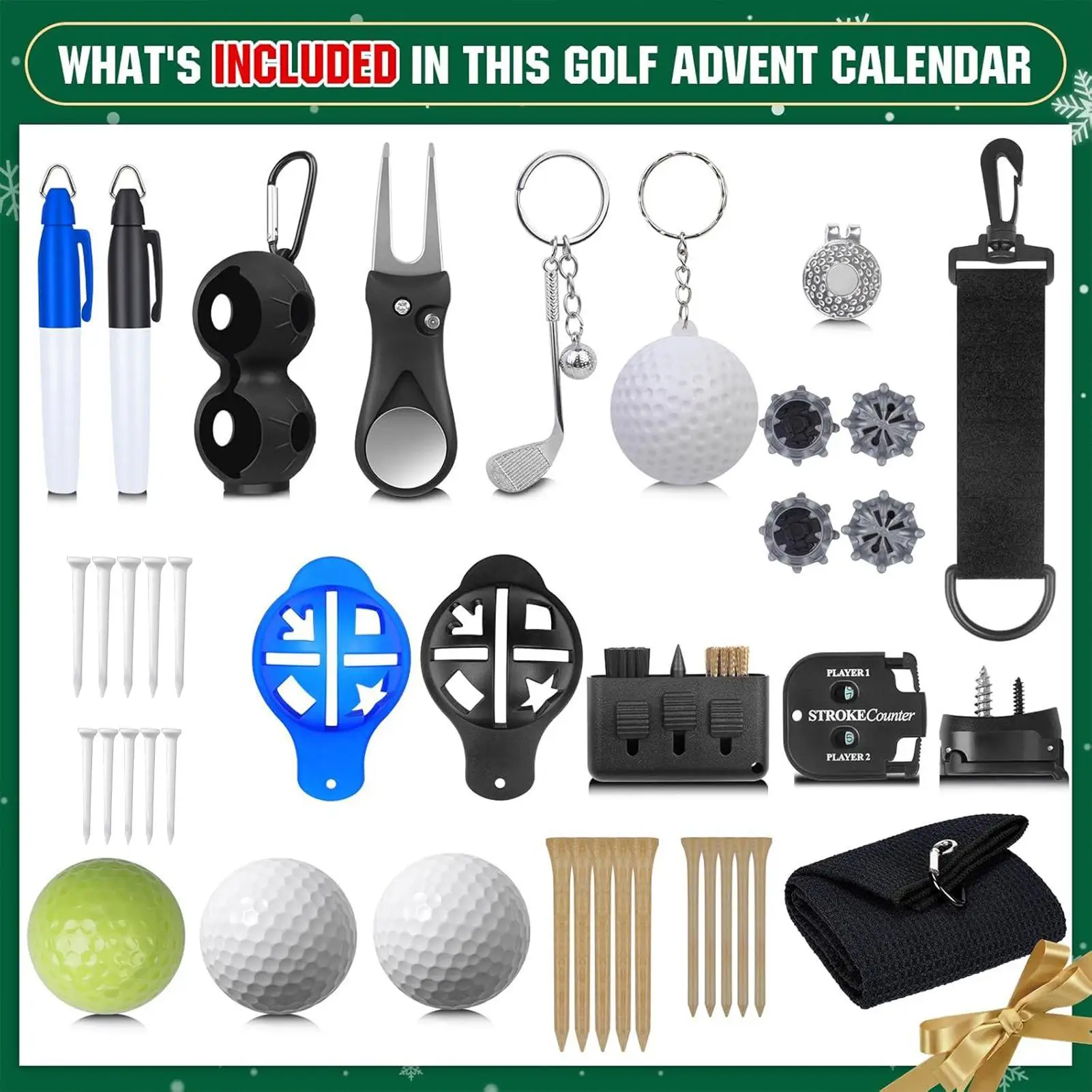 Christmas Calendar Countdown to Christmas 24 Boxes Accessory Set Golf Themed Design for Men Women Boys Girls Stocking Stuffers