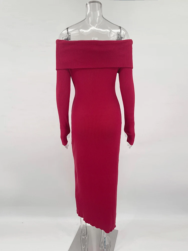 Fashion Knit Long Dress Off-Shoulder Female Ribbed Loose High Waist Elegant Autumn Party Dress Ladies Knitwear Maxi Dress